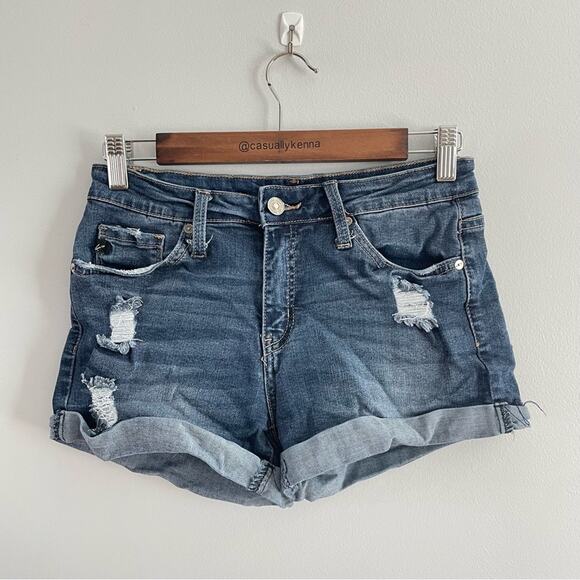 KanCan | Women's Mid Rise Distressed Jean Shorts with Folded Hem KC6111D Denim M - Picture 2 of 9